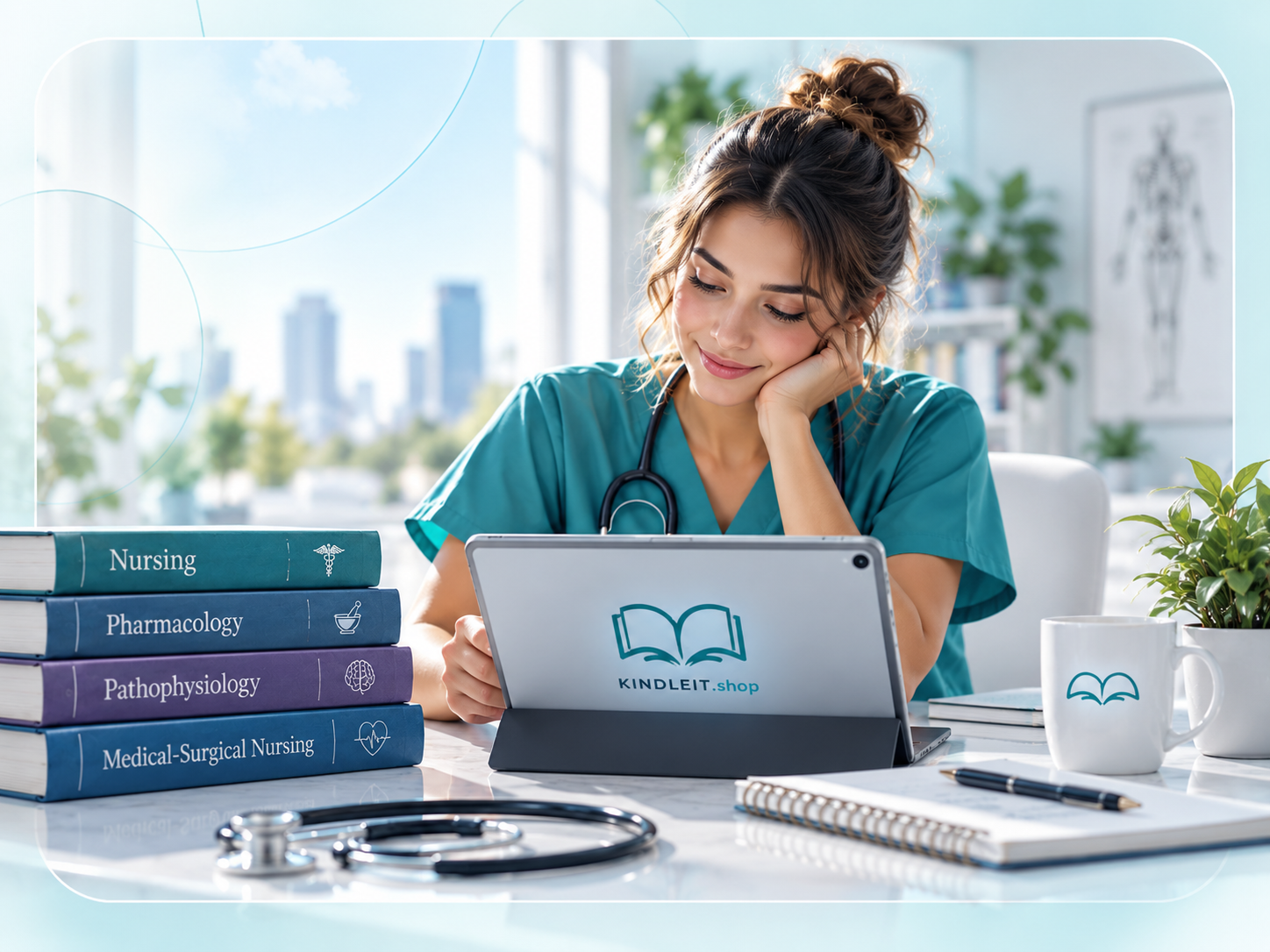 Nursing student studying with a tablet beside medical textbooks